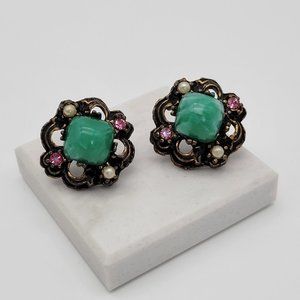 Vintage Green Swirl Lucite Cabochon Pearls Rhinestones Screw Back Earrings